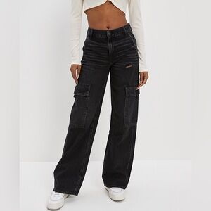 American Eagle SUPER HIGH-RISE BAGGY WIDE LEG-BOLD BLACK